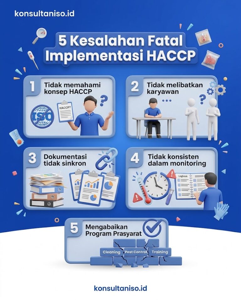 Infografis lima kesalahan fatal implementasi HACCP di UMKM makanan meliputi pemahaman kurang, tidak libatkan karyawan, dokumentasi tidak sinkron, monitoring tidak konsisten, dan abaikan program prasyarat