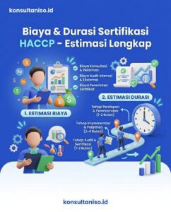 Infografis informasi biaya dan durasi sertifikasi HACCP di Indonesia lengkap dengan faktor penentu dan tahapan proses