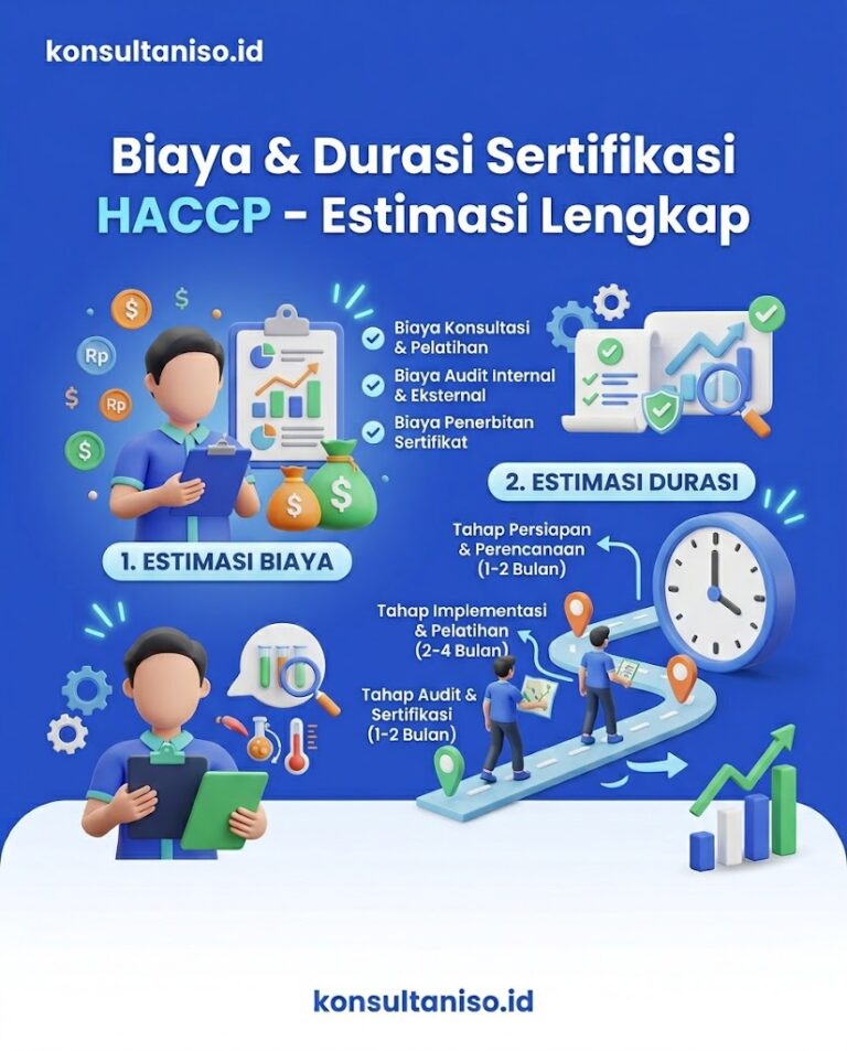 Infografis informasi biaya dan durasi sertifikasi HACCP di Indonesia lengkap dengan faktor penentu dan tahapan proses