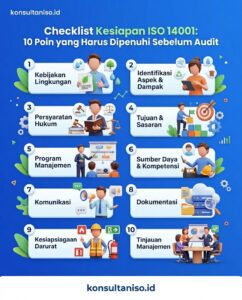 Checklist ISO 14001 10 poin kesiapan audit meliputi kebijakan lingkungan, aspek dampak, kepatuhan hukum, tujuan program, kompetensi karyawan, komunikasi, dokumentasi, pengendalian operasional, tanggap darurat, dan tindakan koreksi