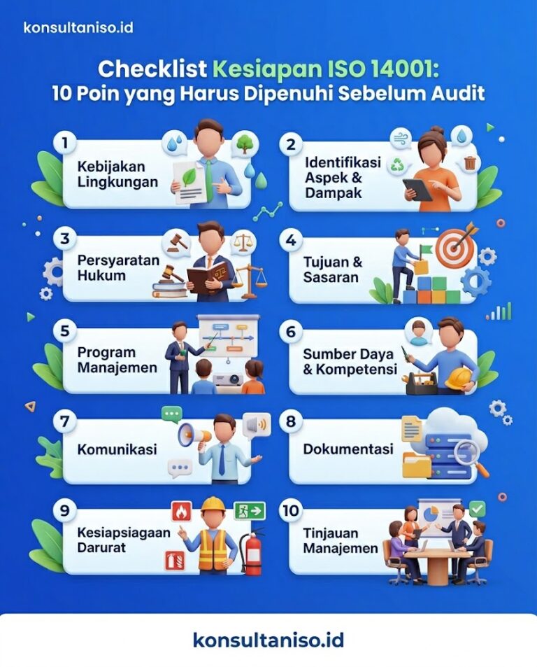 Checklist ISO 14001 10 poin kesiapan audit meliputi kebijakan lingkungan, aspek dampak, kepatuhan hukum, tujuan program, kompetensi karyawan, komunikasi, dokumentasi, pengendalian operasional, tanggap darurat, dan tindakan koreksi