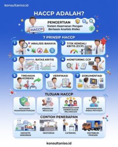Gambar infografis lengkap tentang HACCP meliputi pengertian HACCP, tujuan penerapan, 7 prinsip HACCP dari analisis bahaya hingga dokumentasi, serta contoh kasus di industri susu pasteurisasi