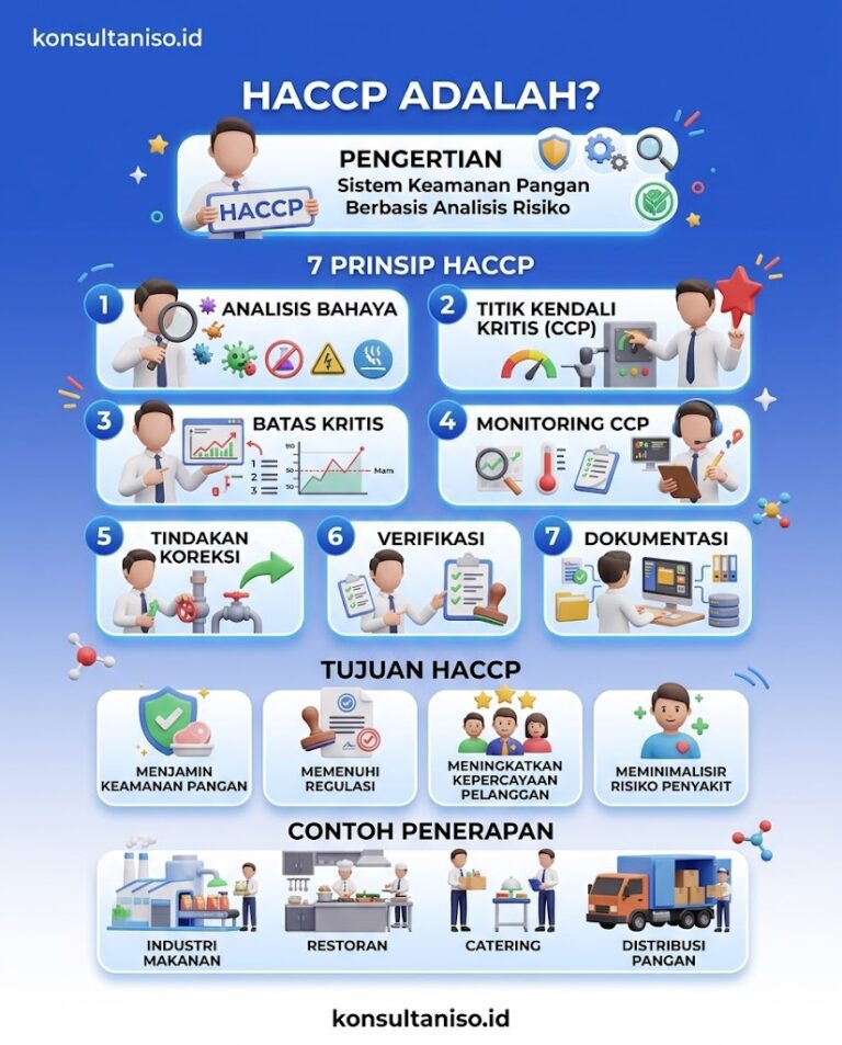 Gambar infografis lengkap tentang HACCP meliputi pengertian HACCP, tujuan penerapan, 7 prinsip HACCP dari analisis bahaya hingga dokumentasi, serta contoh kasus di industri susu pasteurisasi