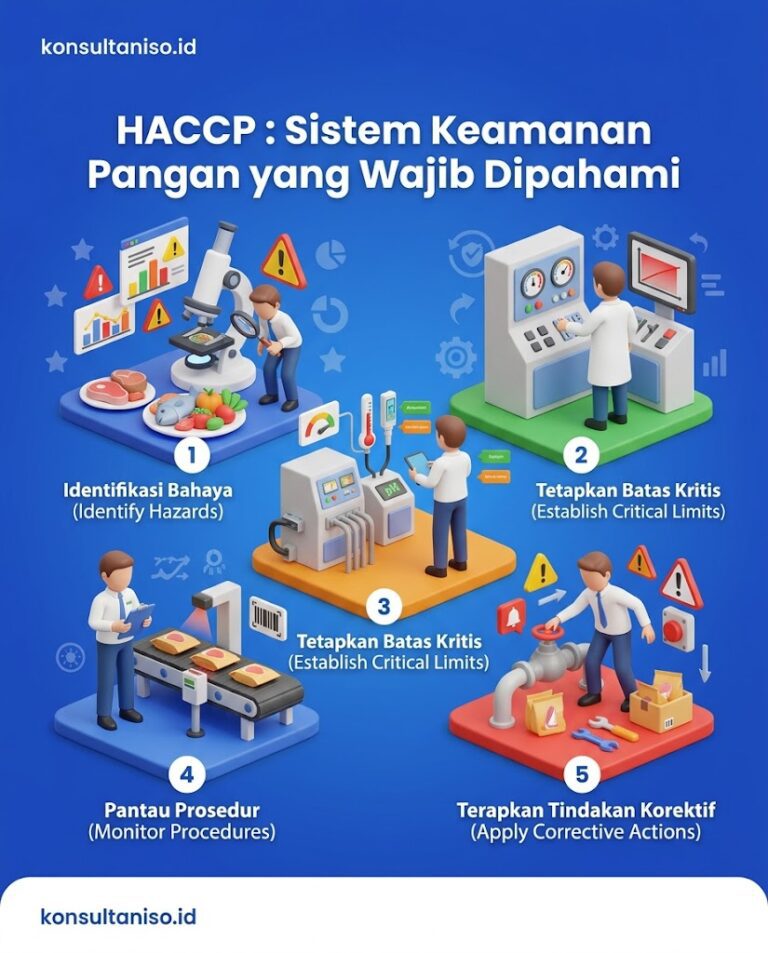 Sistem keamanan pangan HACCP infografis lengkap tentang pengertian, 7 prinsip HACCP dari analisis bahaya hingga dokumentasi, manfaat, dan langkah penerapan untuk UMKM makanan