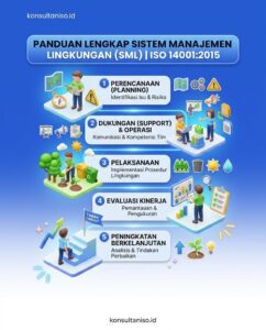 Apa itu ISO 14001 infografis lengkap meliputi pengertian, manfaat, prinsip Plan-Do-Check-Act, struktur klausul, dan langkah sertifikasi ISO 14001:2015