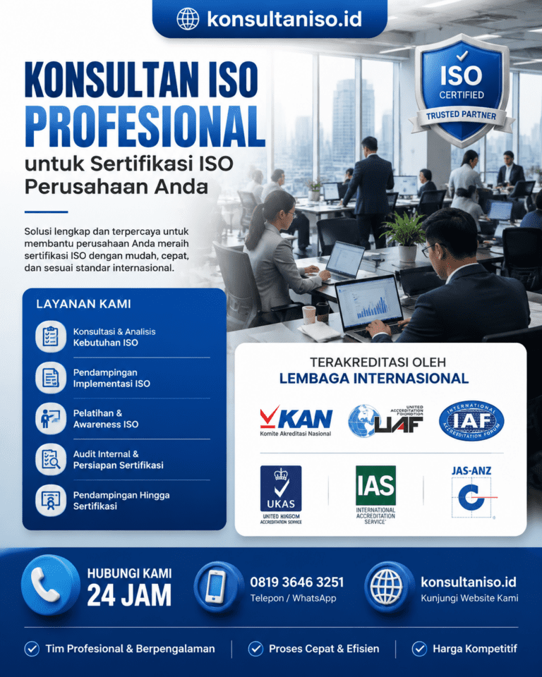 Konsultan ISO profesional sedang mendampingi tim perusahaan dalam proses sertifikasi ISO