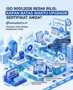 Ilustrasi tim manajemen perusahaan mendiskusikan batas waktu transisi sertifikat ISO 9001:2026