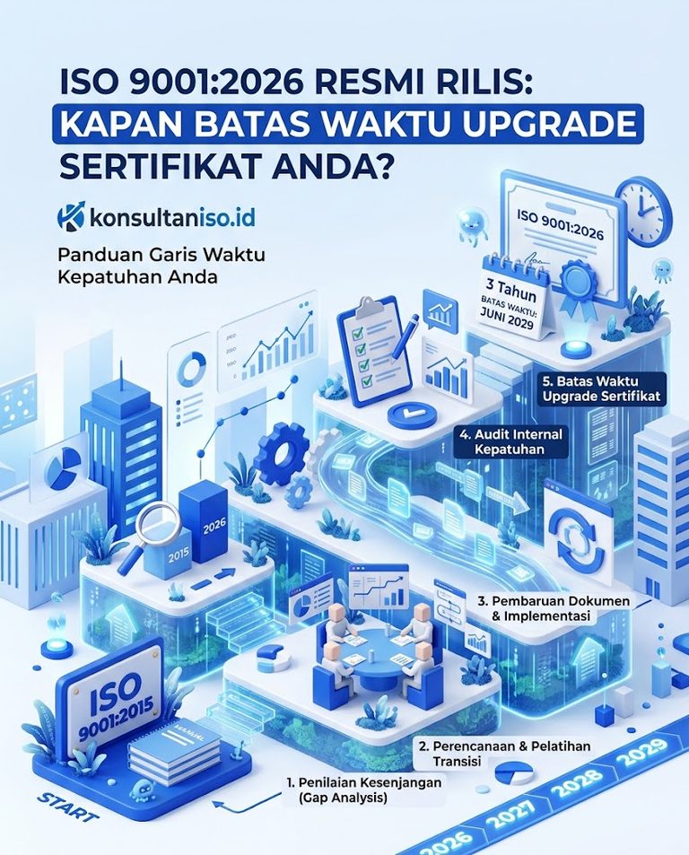 Ilustrasi tim manajemen perusahaan mendiskusikan batas waktu transisi sertifikat ISO 9001:2026