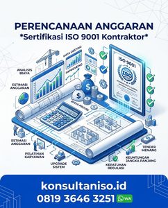 Analisis anggaran dan rincian biaya sertifikasi ISO 9001 untuk perusahaan kontraktor di atas meja proyek.