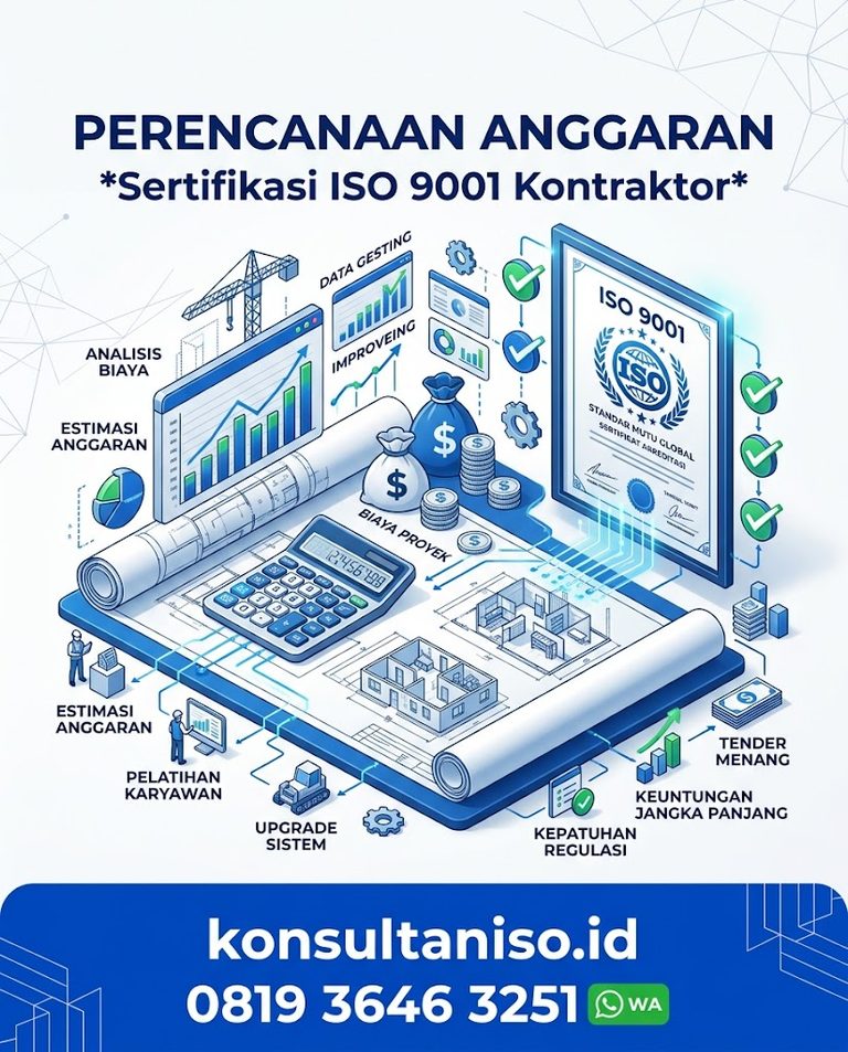 Analisis anggaran dan rincian biaya sertifikasi ISO 9001 untuk perusahaan kontraktor di atas meja proyek.