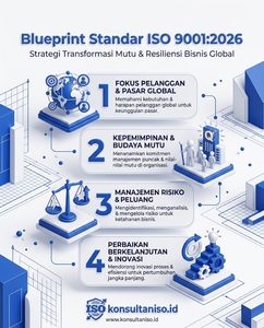 Ilustrasi digital proses transisi dan audit sistem manajemen mutu ke standar ISO 9001:2026 oleh eksekutif bisnis di ruang rapat.