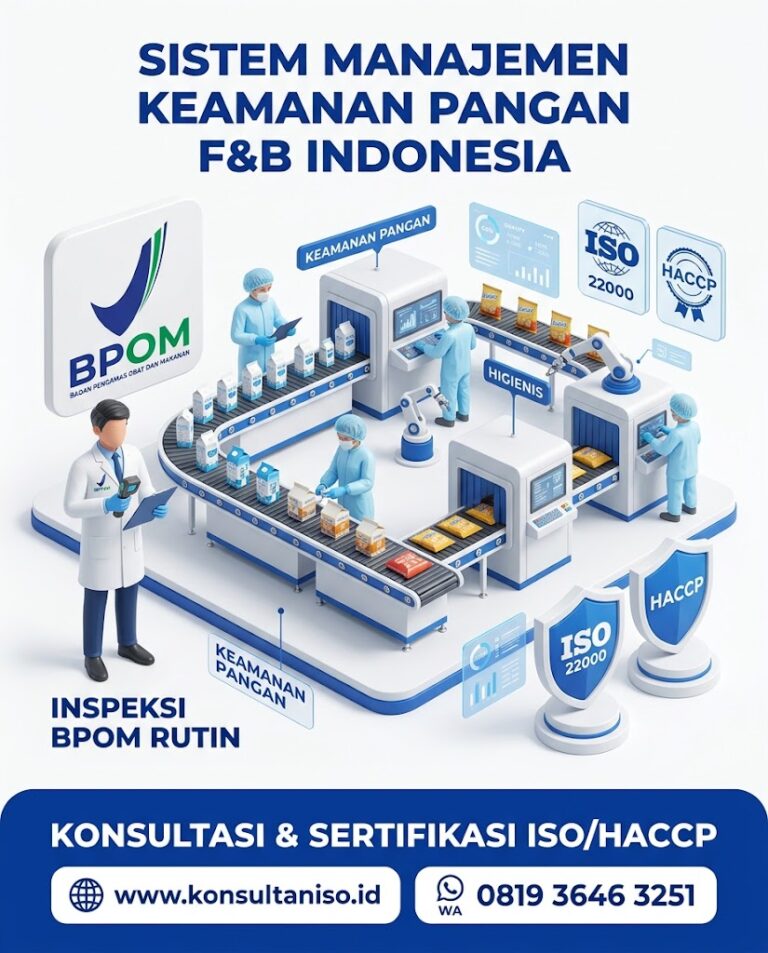 Ilustrasi proses inspeksi keamanan pangan di pabrik dengan stempel sertifikasi ISO 22000 dan HACCP.