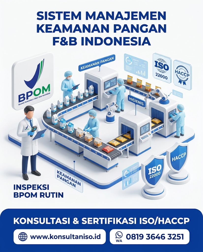 Ilustrasi proses inspeksi keamanan pangan di pabrik dengan stempel sertifikasi ISO 22000 dan HACCP.