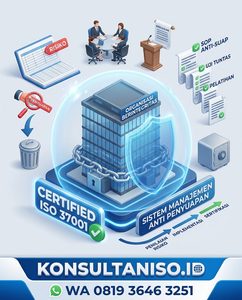 Ilustrasi perisai pelindung bisnis melambangkan Sistem Manajemen Anti Penyuapan ISO 37001.