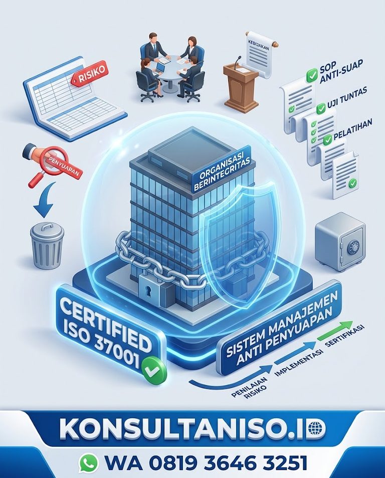 Ilustrasi perisai pelindung bisnis melambangkan Sistem Manajemen Anti Penyuapan ISO 37001.