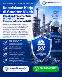 Ilustrasi pekerja industri dan helm proyek melambangkan standar keselamatan kerja ISO 45001 di kawasan smelter.