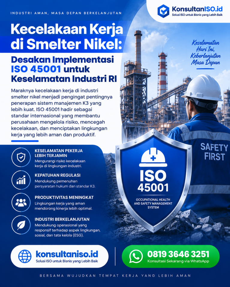 Ilustrasi pekerja industri dan helm proyek melambangkan standar keselamatan kerja ISO 45001 di kawasan smelter.