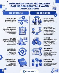 Perbandingan visual perbedaan ISO 9001 versi 2015 dengan standar terbaru ISO 9001 versi 2026.