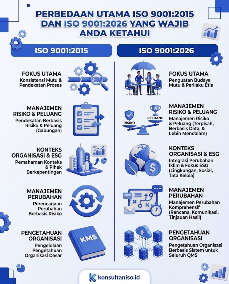 Perbandingan visual perbedaan ISO 9001 versi 2015 dengan standar terbaru ISO 9001 versi 2026.