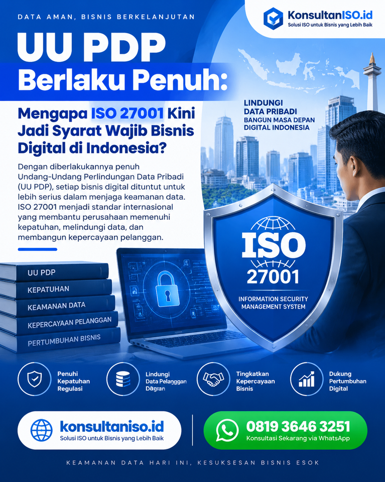 Ilustrasi perisai keamanan data digital yang menghubungkan kepatuhan UU PDP dengan standar ISO 27001.