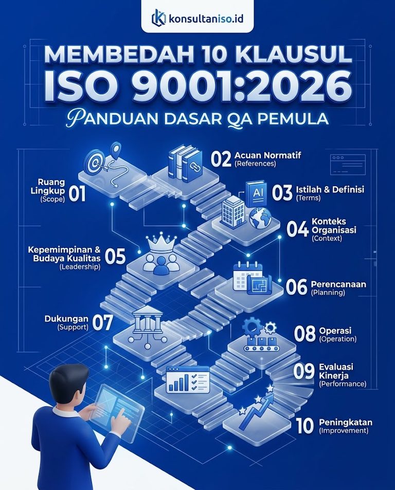 Infografis 10 Klausul ISO 9001 2026 dan Siklus PDCA untuk QA Pemula